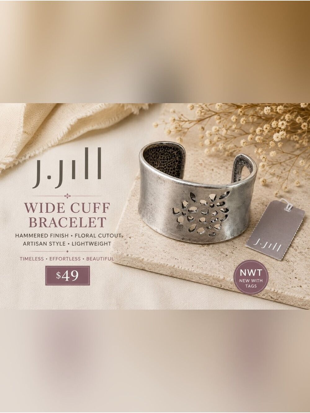 NWT J. Jill Distressed Silver Tone Wide Cuff Bracelet Floral Boho Artisan